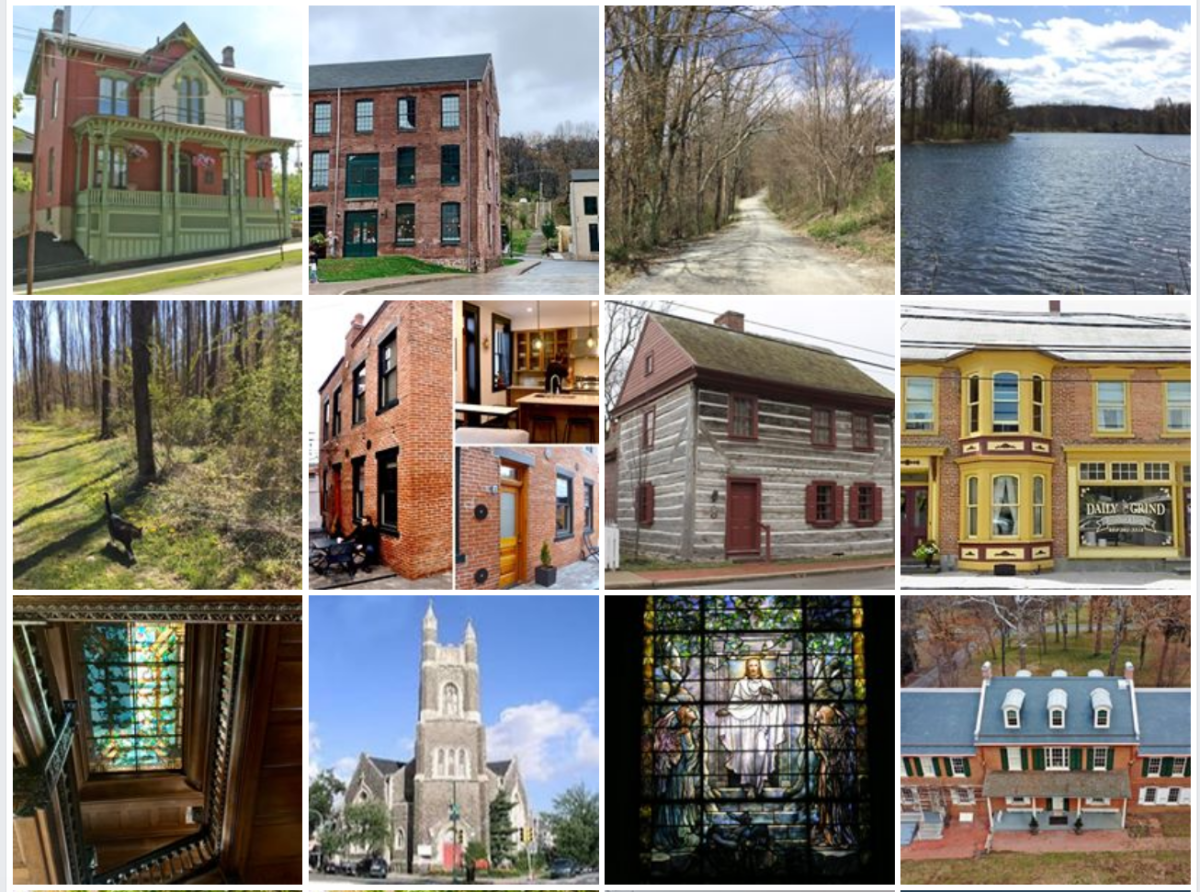 2020 Pennsylvania Historic Preservation Award-winning properties: woodland landscape, brick rowhouse, log house, and historic commercial building
