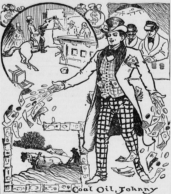 vintage illustration of Coal Oil Johnny with dollar bills flying from his fingers