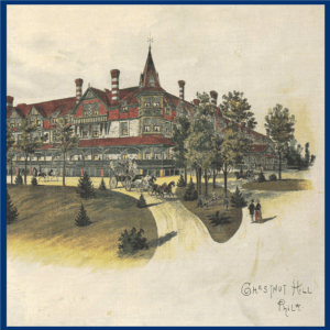 Illustratoni of the Wissahickon Inn, showing its chimneys, turrets and wrap-around porch.