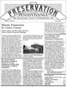 The front page of the first Preservation Pennsylvania printed newsletter from 1986 features awards, conference and preservation in Center County.