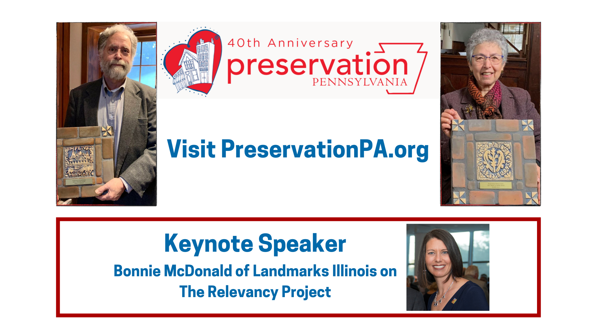 Jeffrey Marshall and Sydelle Zove with their 2021 Preservation Pennsylvania Honor Awards, and keynote speaker Bonnie McDonald