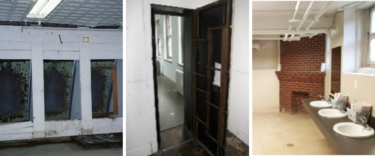 Armory shooting range, security door, and mess hall fireplace