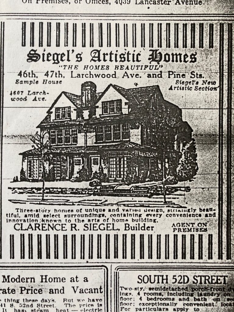 vintage newspaper clipping promotes "Siegel's Artistic Homes" with an illustration of a twin residence