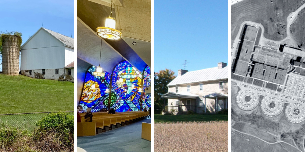The 2022 Pennsylvania At Risk properties: Hanby Farm, Immaculate Conception Church interior, Peebles Homestead, and an aerial view of the Westinghouse R&D Center