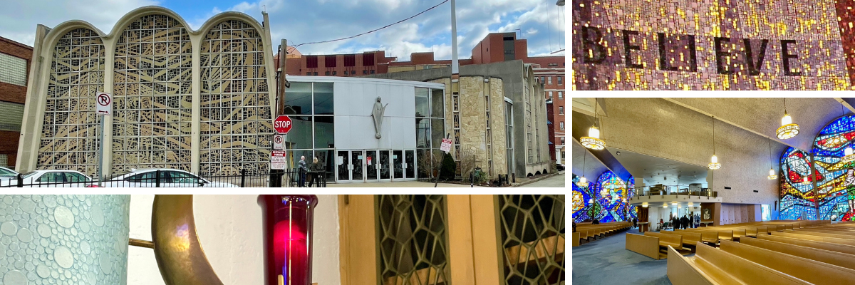 A collage of scenes showing the modern artistry of the Immaculate Conception Church in Pittsburgh, from the arches of its exterior to the bright reds, blues, and greens of its 40 foot nave windows