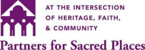 purple logo for Partners for Sacred Places features a religious building and the words "At the intersection of Heritage, Faith, and Community"