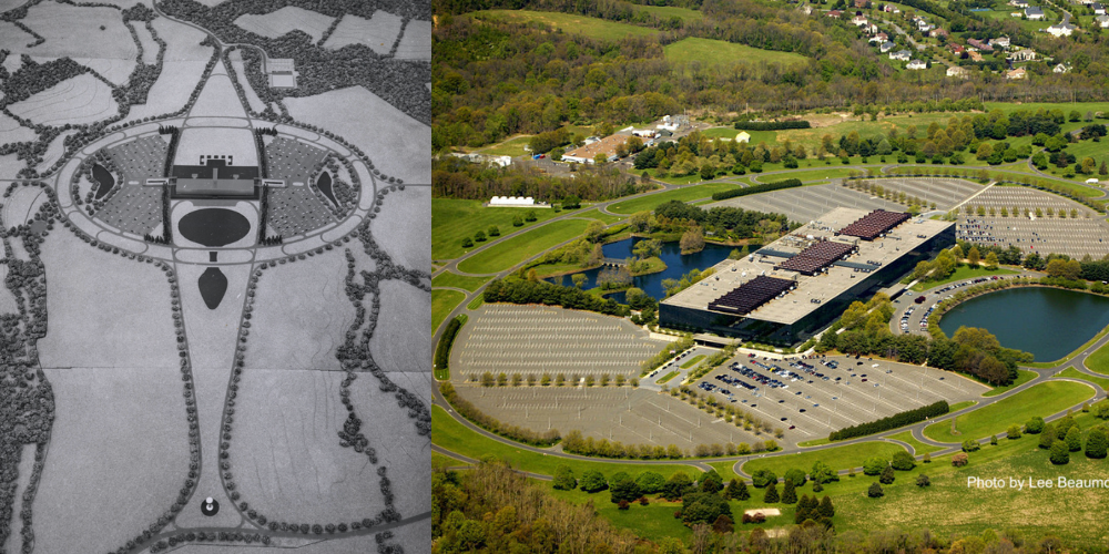 Side-by-side comparison of the Bell Labs Holmdel site plan and an aerial view of the campus, showing the distinctive keyhole-shaped roadway and oval ring road