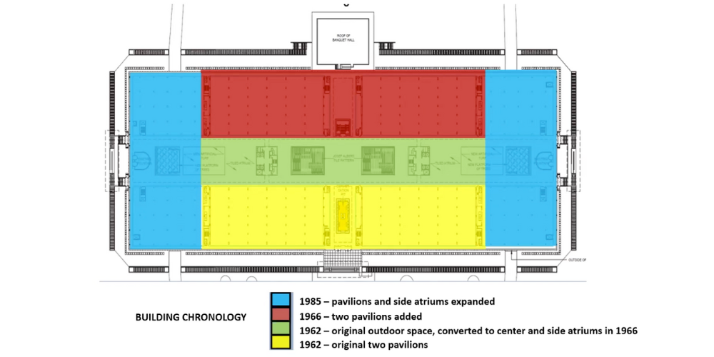 A diagram shows the original 1962 portion of the building (in yellow), the former outdoor space converted to atrium, the 1966 Roche additions, and the 1985 expanded side pavilions in blue