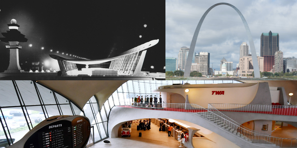 Collage of three Eero Saarinen designs: Dulles Airport terminal, the St. Louis Arch, and the TWA Terminal at JFK Airport
