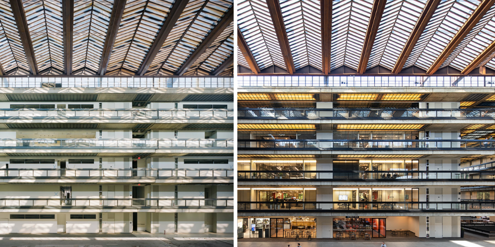 Side by side comparison of a five-level interior office/atrium shows before bands of solid walls and after with glass