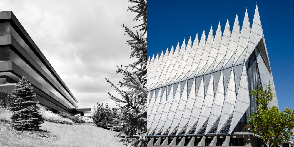 At left is the horizontal banding of the SOM-designed admin office for the Westinghouse site. At right is the vertical angularity of the U.S. Air Force Academy chapel by the same architect
