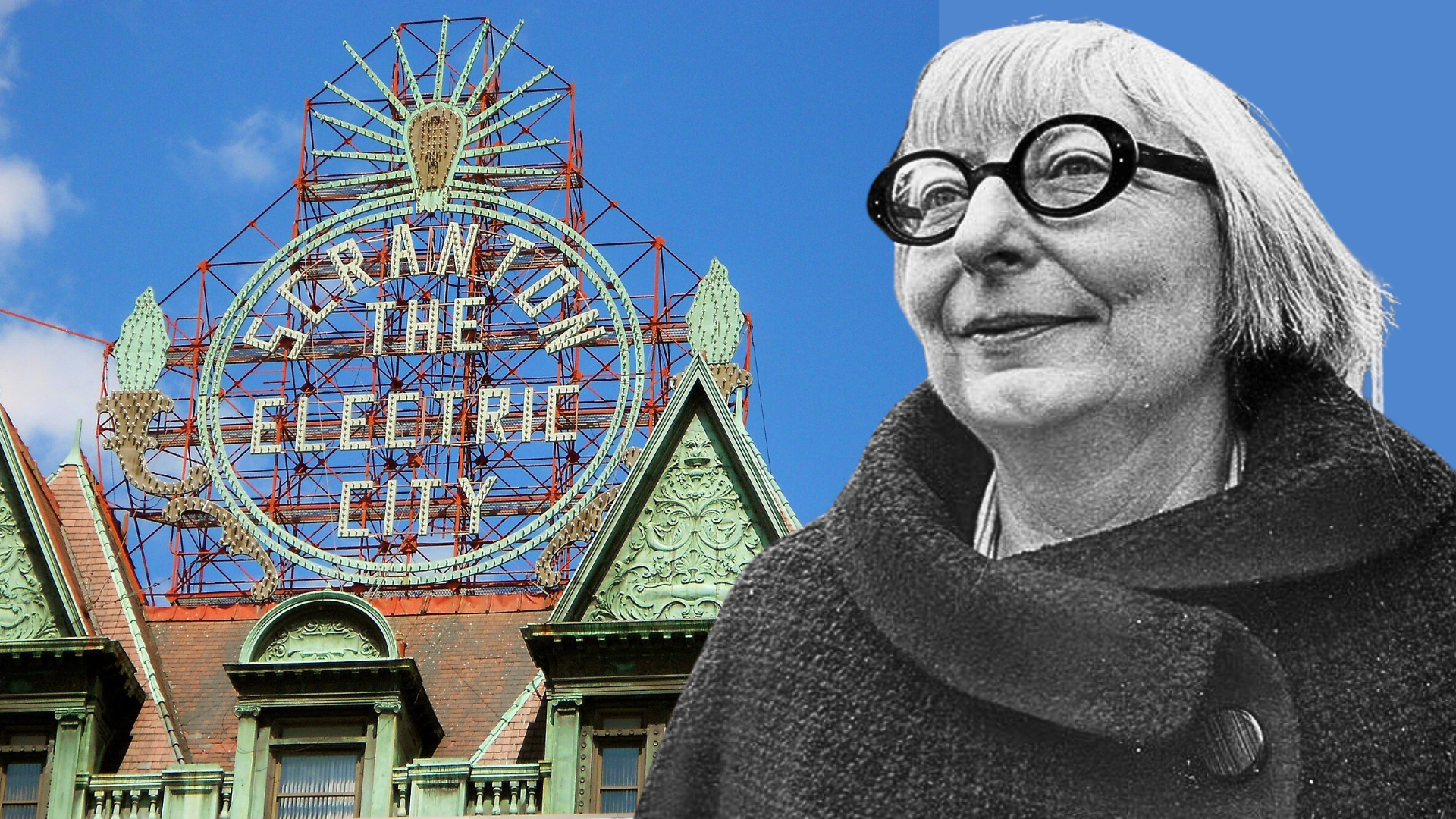 Jane Jacobs, urban activist and author, in front of a city storefront