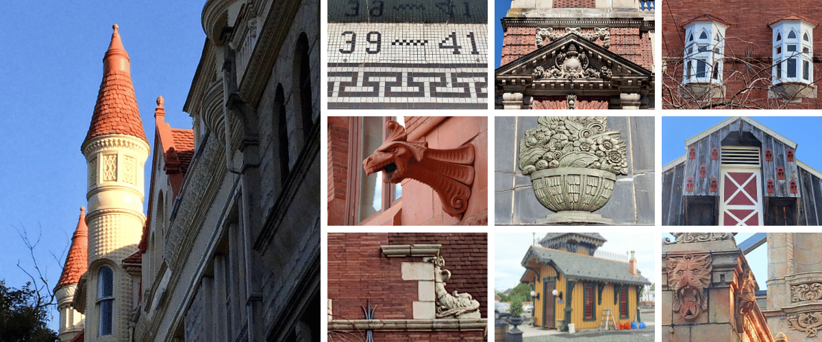 A collage of building details includes a storybook red tower, a dolphin, a gargoyle and more