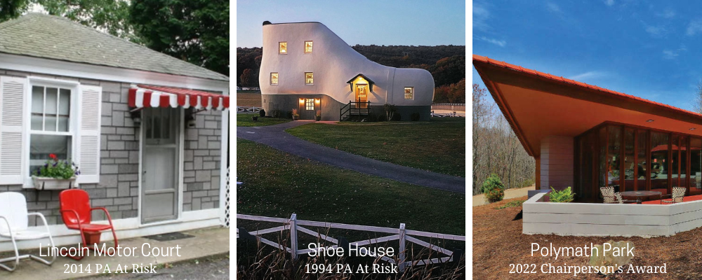 Three historic Pennsylvania places: a cottage at the Lincoln Motor Court; a giant white shoe you can stay in; the angle slope of a Wright-designed roofline at Polymath Park