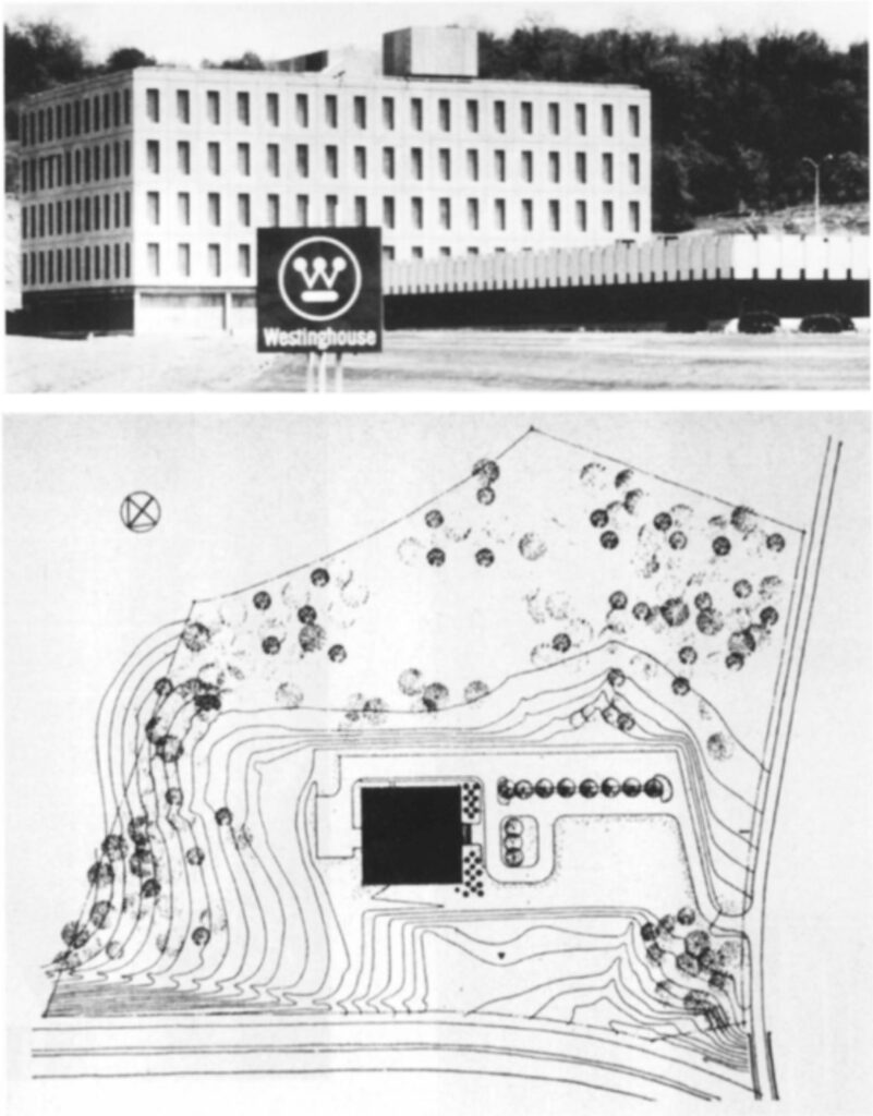 Two images showing the Westinghouse building and a site map of the building and the surrounding landscape and elevation