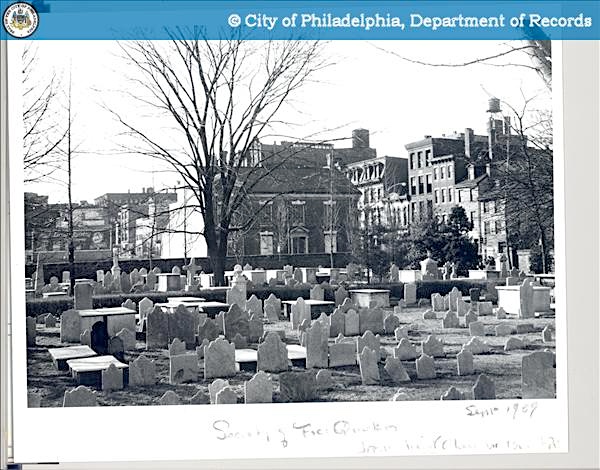 Historical black and white photo of Christ Church Burial Ground with gravestones and trees