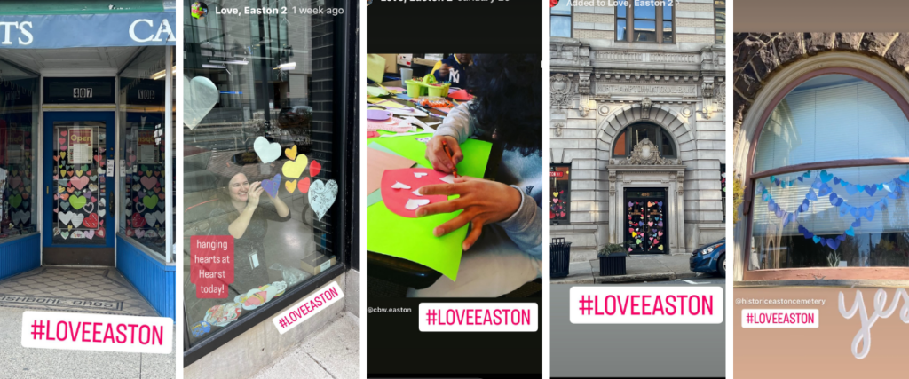 Collage of community members gathering to make and install hearts across Easton