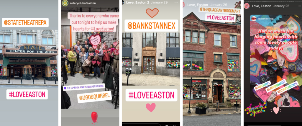 Collage of Easton storefronts and community members displaying handmade hearts with the #LoveEaston hashtag