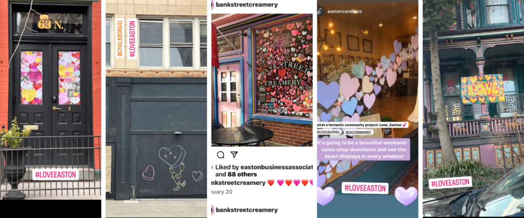 Collage of handmade hearts filling shop windows across downtown Easton