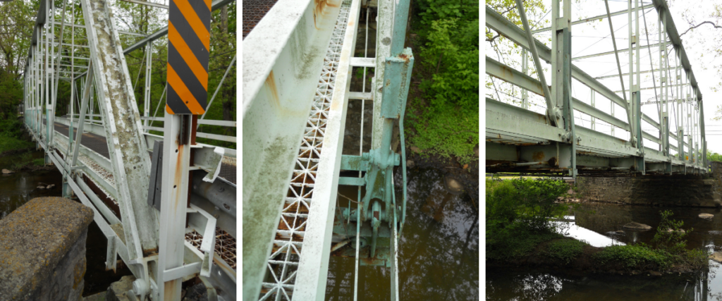 Three-photo collage of Peevy Road Bridge structural details showing the truss metalwork, latticed iron connections, and the bridge spanning the creek