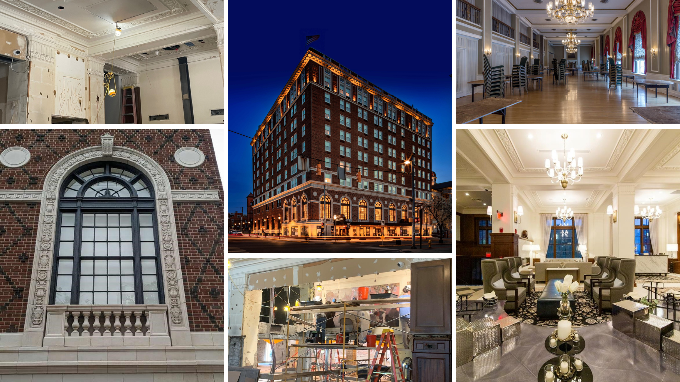 Collage of the rehabilitated Yorktowne Hotel showing the exterior at night and restored interior lobby spaces