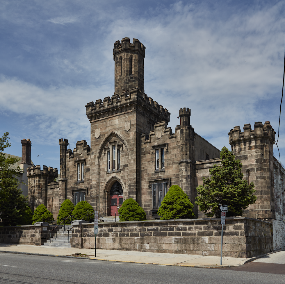 Gothic Revival exterior of the Old Montgomery County Prison in Norristown, resembling a castle