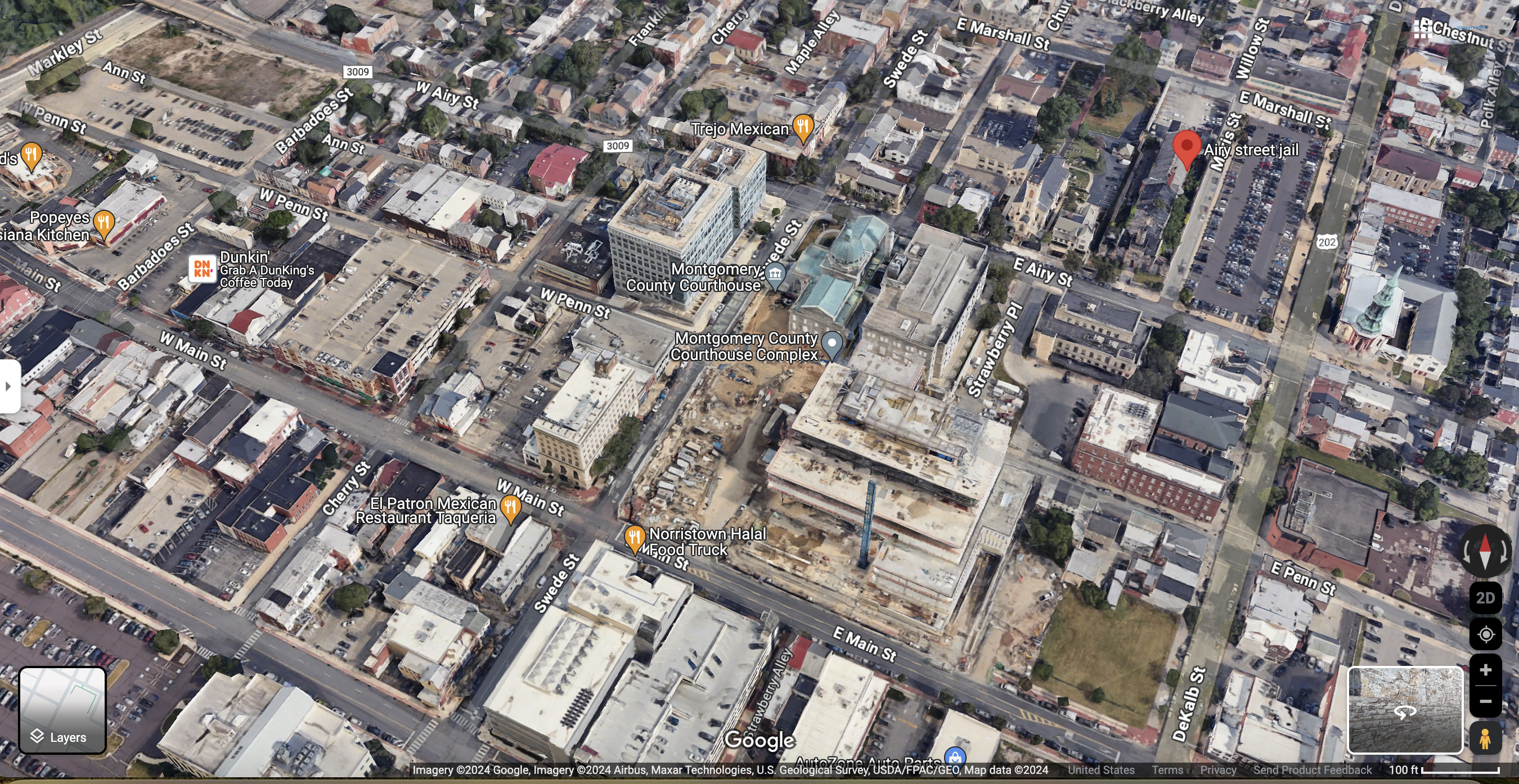 An aerial view of Norristown shows the old jail's proximity to the County Courthouse on the same block