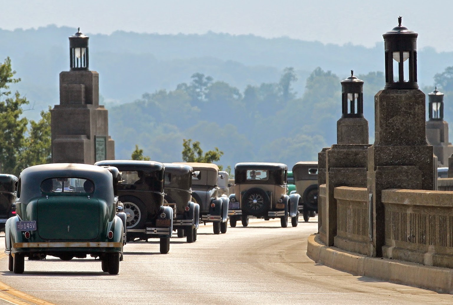 Parade of vintage cars crossing the Columbia-Wrightsville Bridge along the Lincoln Highway, 2014