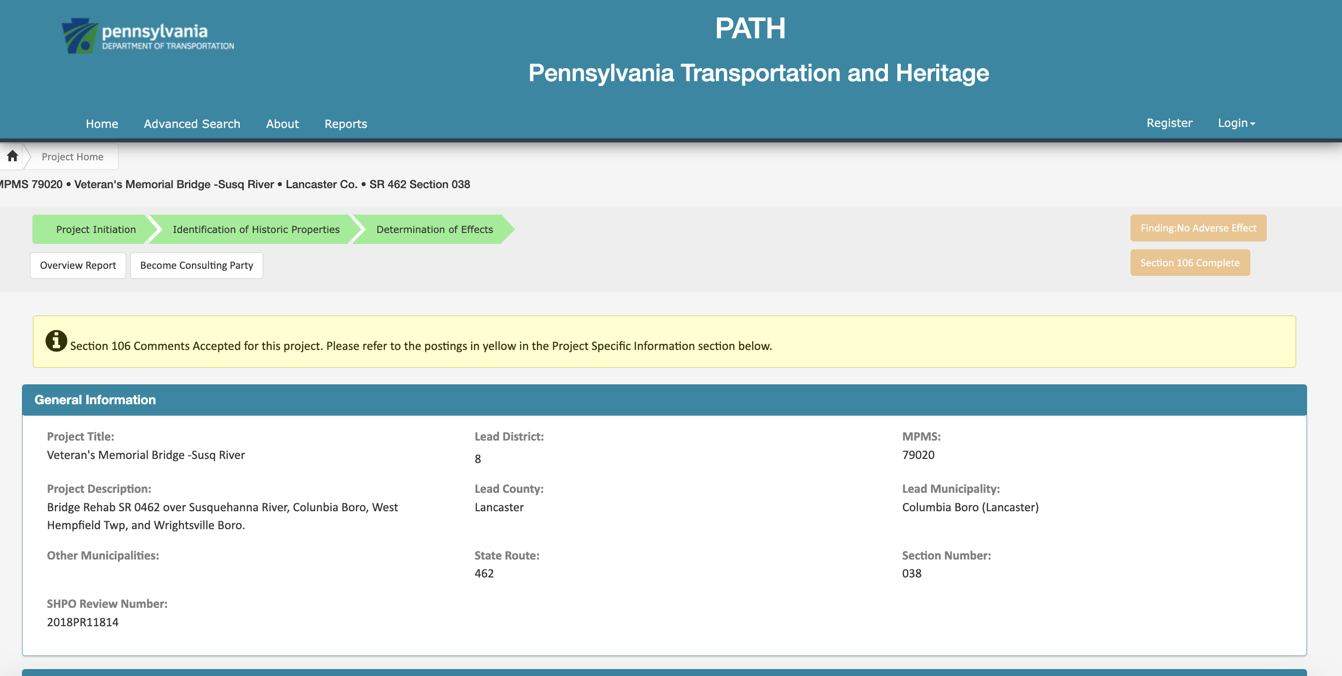 screenshot of Section 106 status on Project PATH