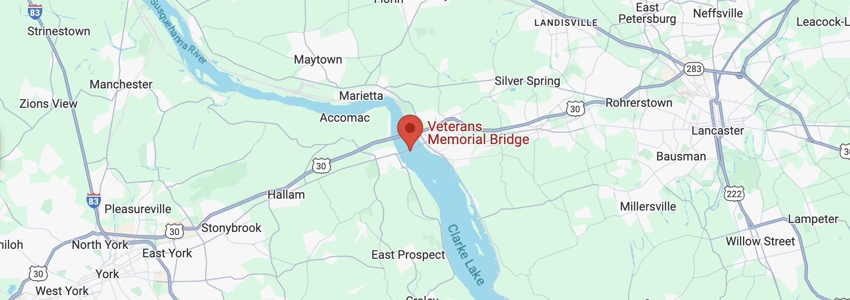 Google Maps aerial view of the Columbia-Wrightsville Bridge spanning the Susquehanna River