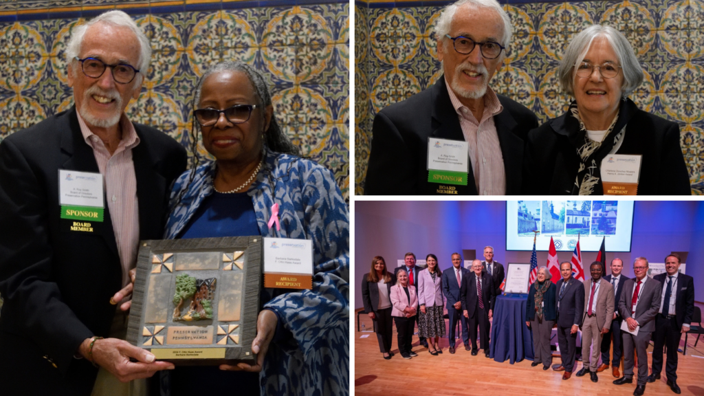 Roy Smith presenting the Rehabilitation Award to Bruce Adelsberger and Bonnie Wilkinson Mark for the A and Indiana textile mill project