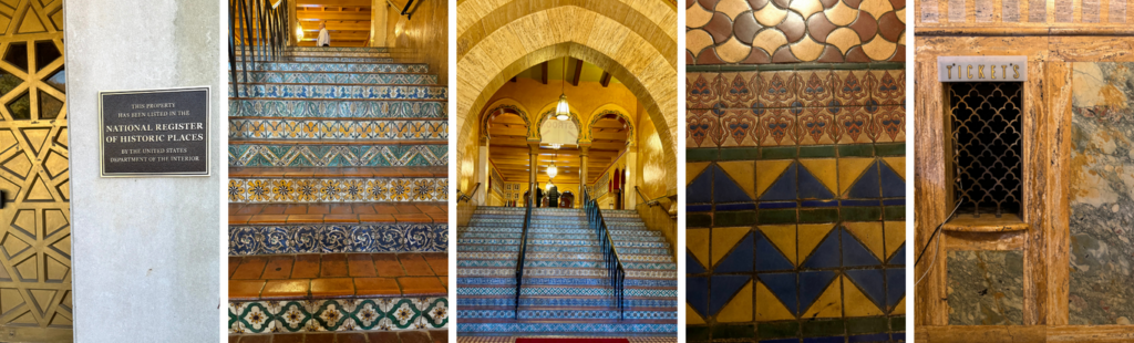 Collage of Zembo Shrine interior showing ornate imported tile floors and walls, coffered painted ceilings, decorative keyhole arches, and the National Register plaque