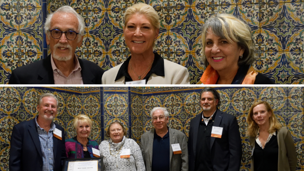 Two-photo collage of Public Impact Award presentations: Jayme Rhoads and Jane Runyeon of WCR Center for the Arts, and the West Shore Theatre team with Jane Sheffield