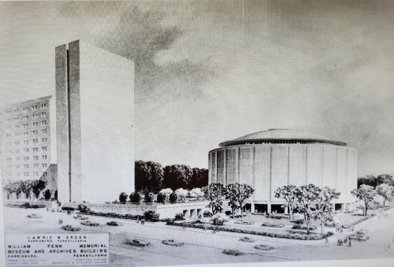 Architectural rendering of the museum's circular building and tower, circa 1964