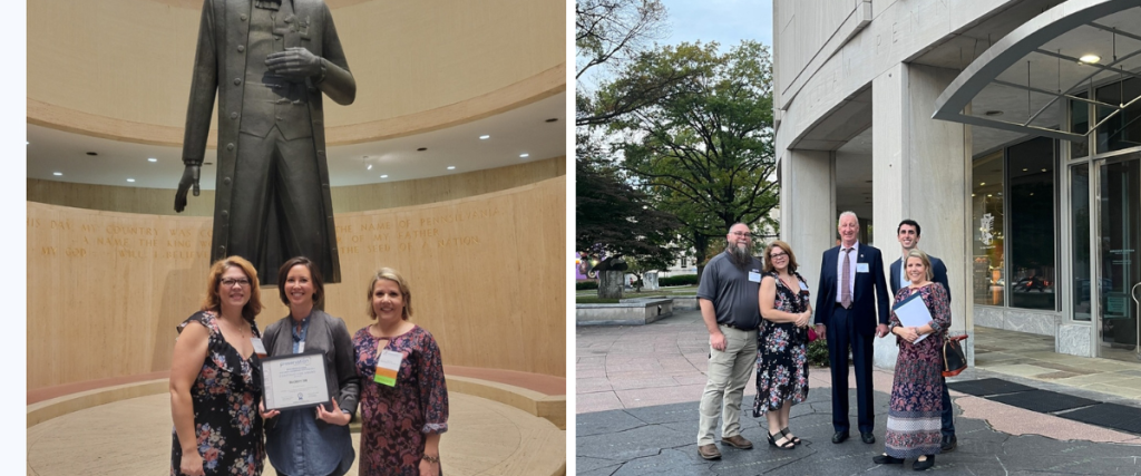 Two photos: Gina and guests at the 2023 awards ceremony inside the museum and at its entrance