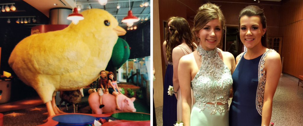 Two photos: children at the Curiosity Corner exhibit, and teens in prom attire in the museum lobby