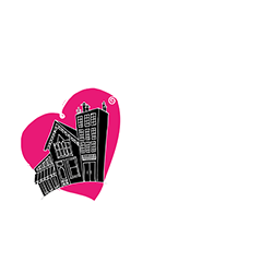 love never gives up logo with hand drawn town buildings in heart